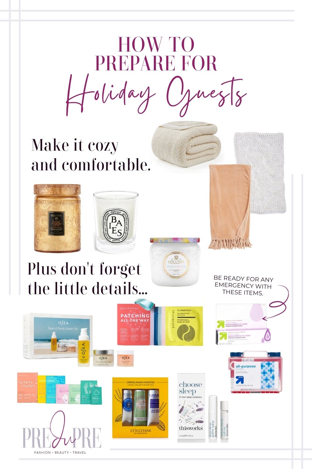 Collage of products that can help you prepare for holiday guests. Specifically shows blankets, candles, and a variety of pamper sets.