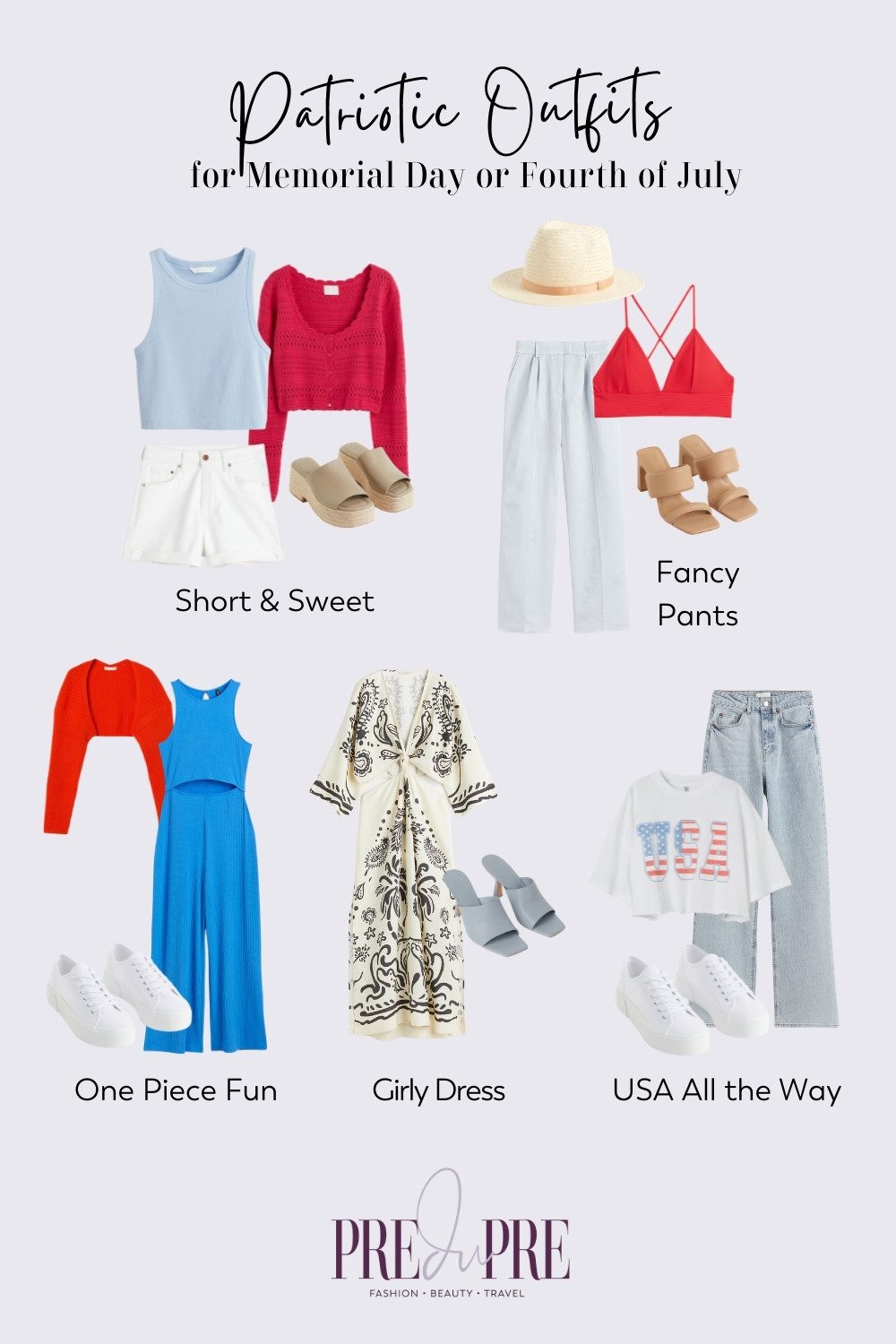 Collage of patriotic outfit ideas for Memorial Day and/or Independence Day on Fourth of July