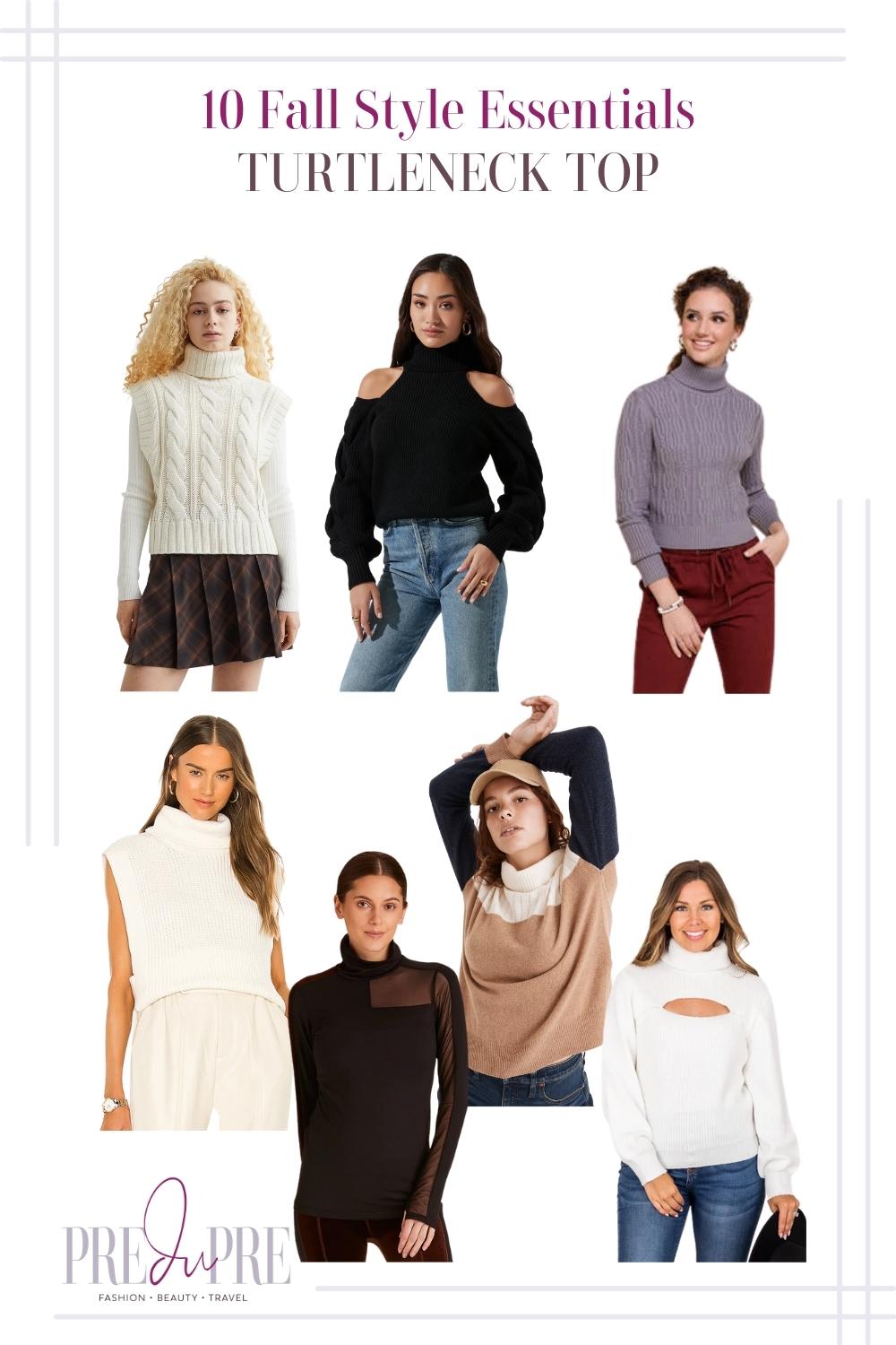 Collage of different turtleneck tops. From clockwise: white sleeveless turtleneck top, black cut-out turtleneck sweater, purple turtleneck sweater, white cut-out turtleneck sweater, tri-color turtleneck sweater, black mesh turtleneck sweater, white and sleeveless turtleneck sweater.