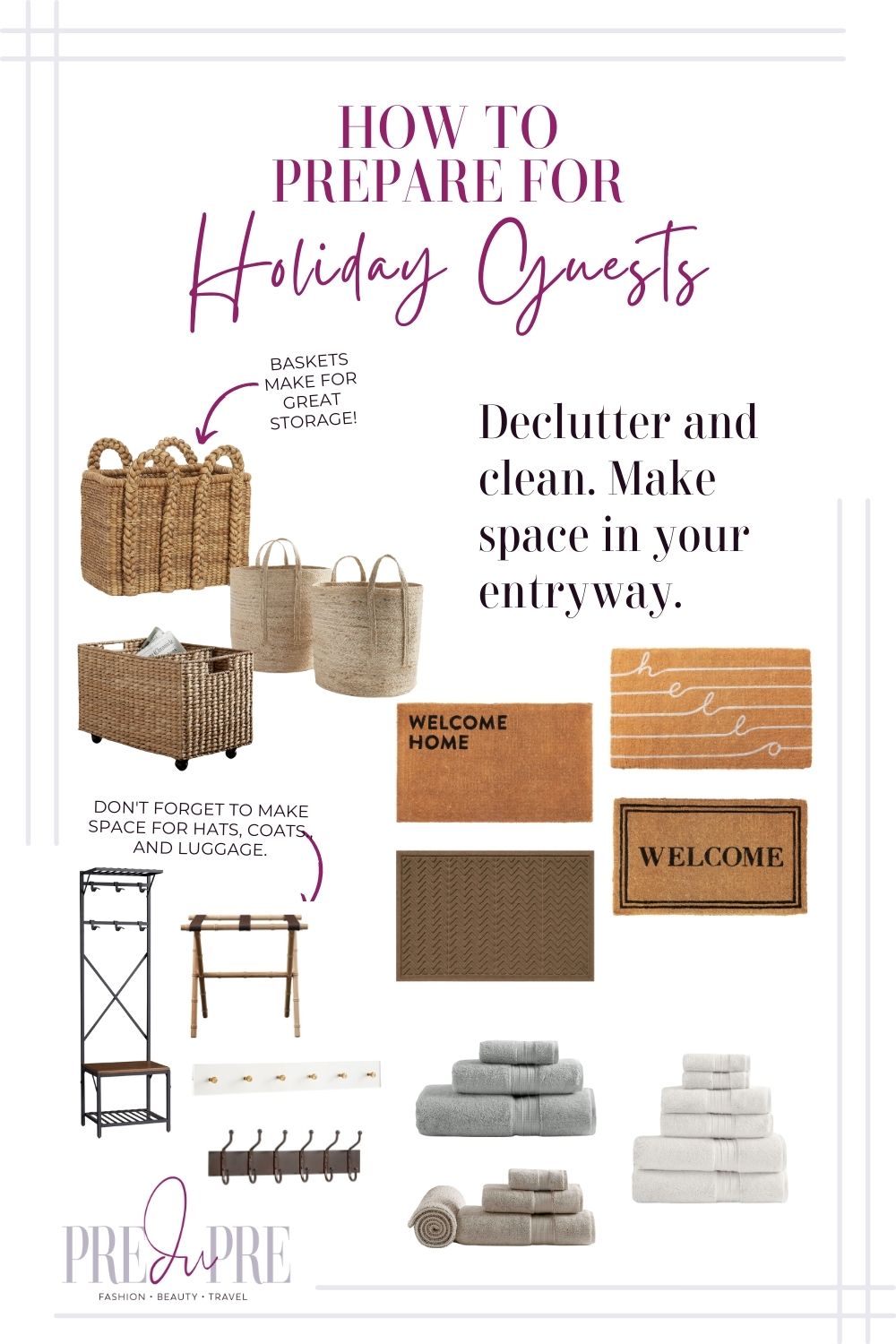 Collage of products that can help you prepare for holiday guests. Specifically shows baskets, door mats, coat racks and a bag rack.