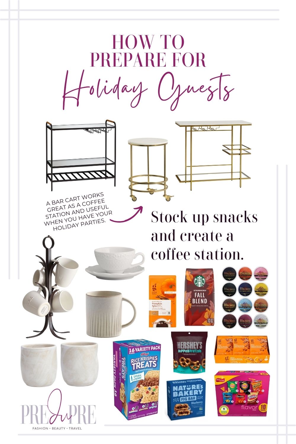 Collage of products that can help you prepare for holiday guests. Specifically shows bar carts, coffee mugs, coffee and snacks.